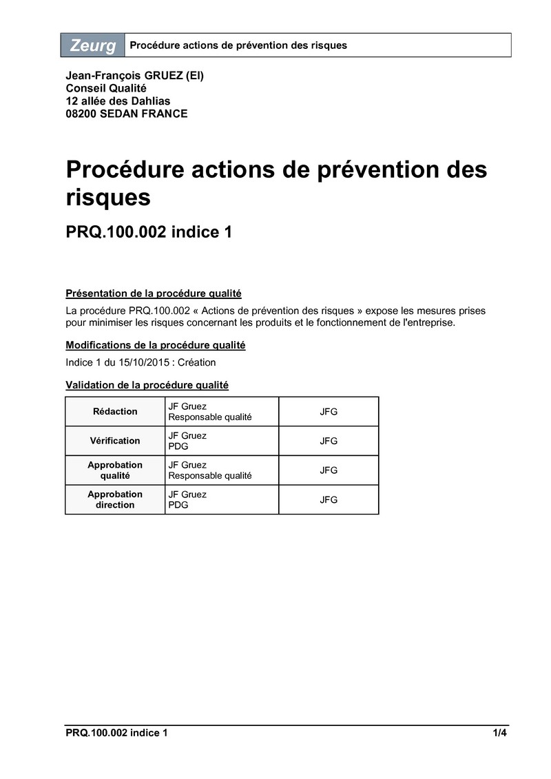Procédure actions de prévention des risques 01