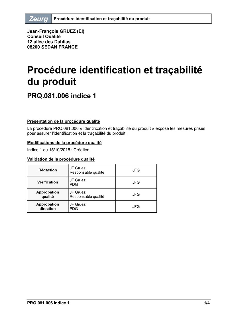 Procédure identification et traçabilité du produit 01