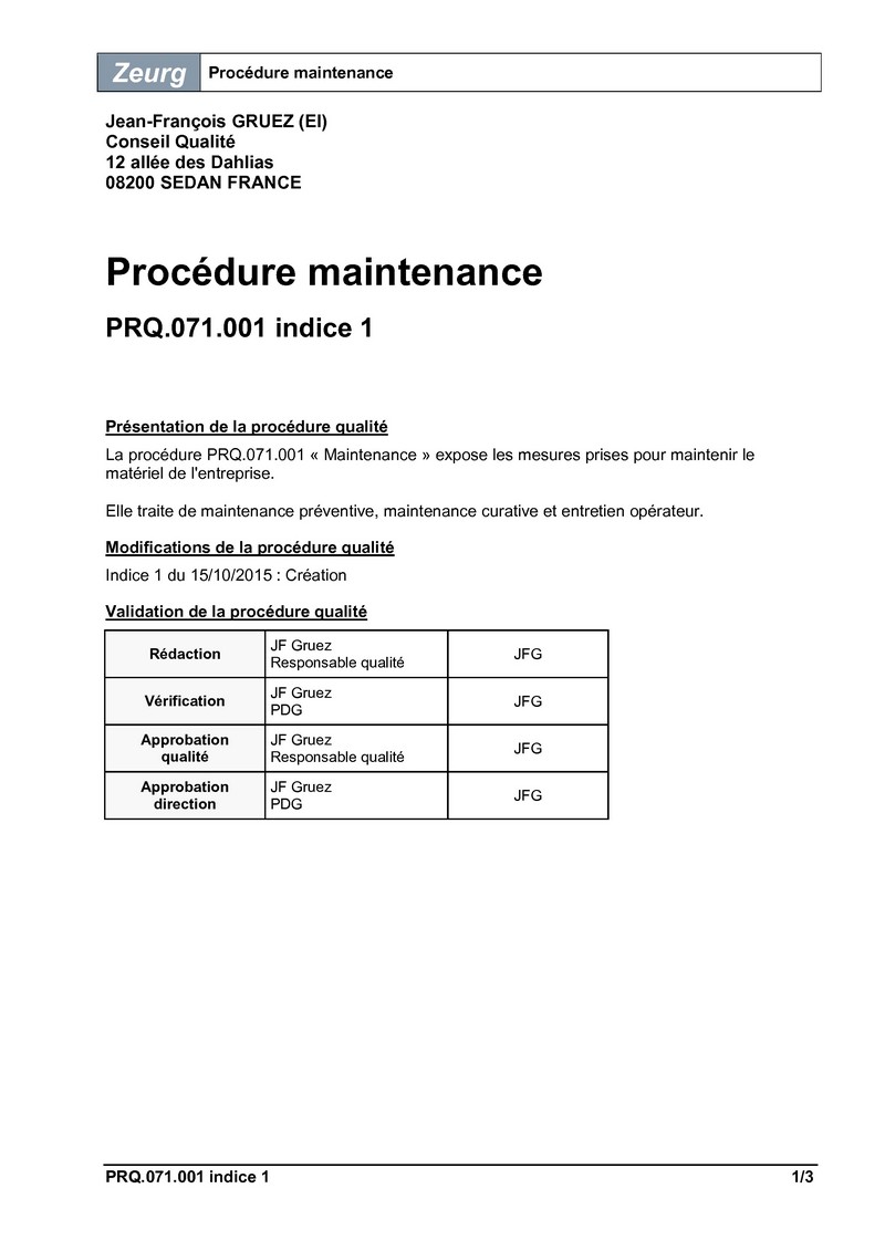 Procédure maintenance 01